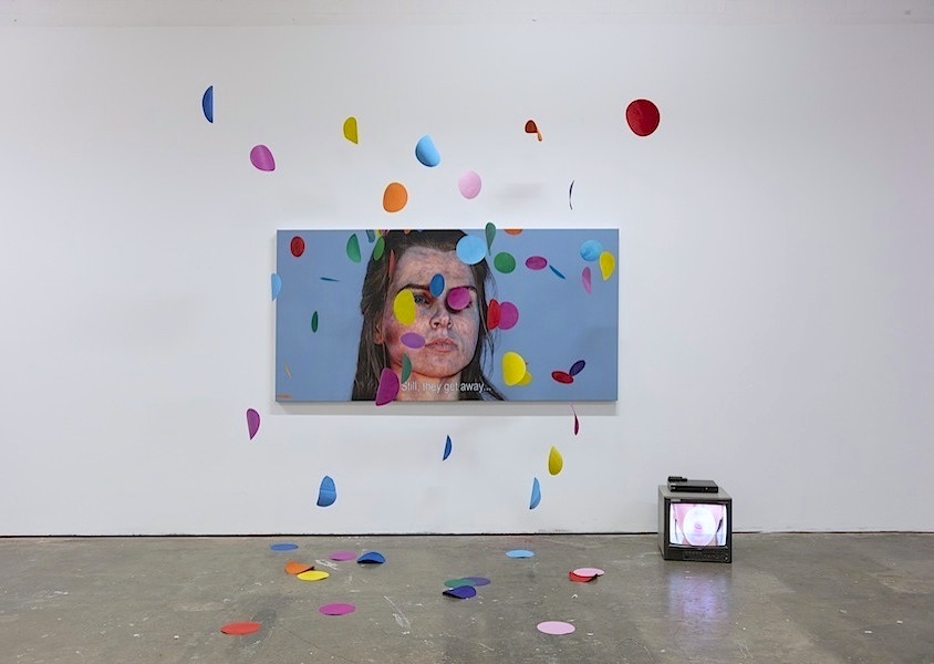 Ian Cumberland: Boom and Bust [Installation], 2018, oil on linen, video loop, various dimensions

